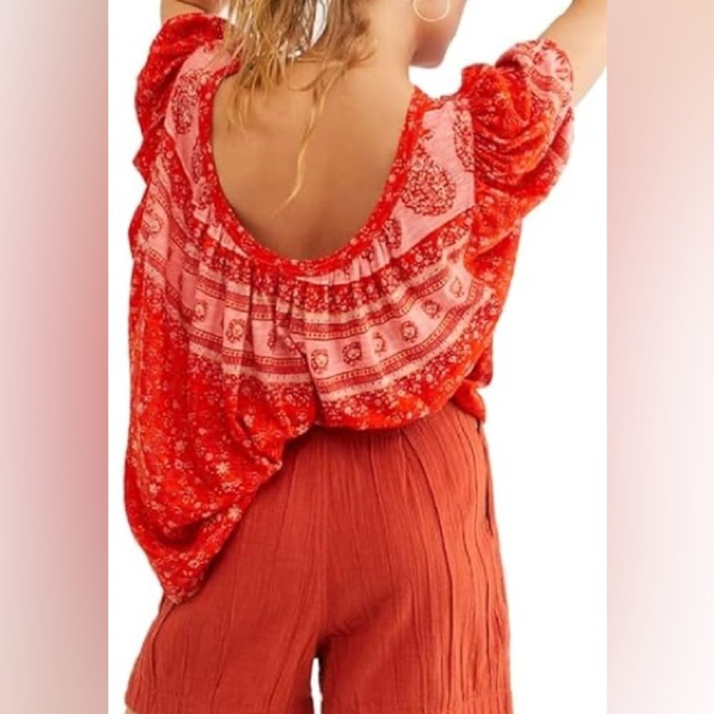 FREE PEOPLE Paisley Floral Print Low Back Short Sleeve Blouse Red S